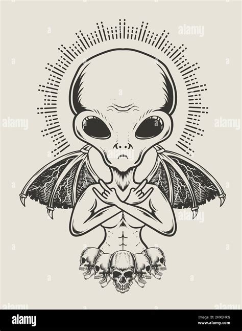 Illustration Alien With Demon Wings Monochrome Style Stock Vector Image