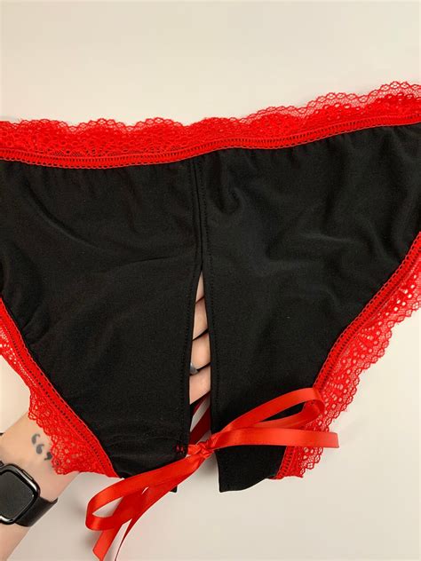Black And Red Lace Untie Me Crotchless Panties Xs 5x Lingerie Etsy
