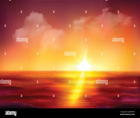 Beautiful Sunrise Over Ocean With Golden Sun And Dark Red Waves Vector