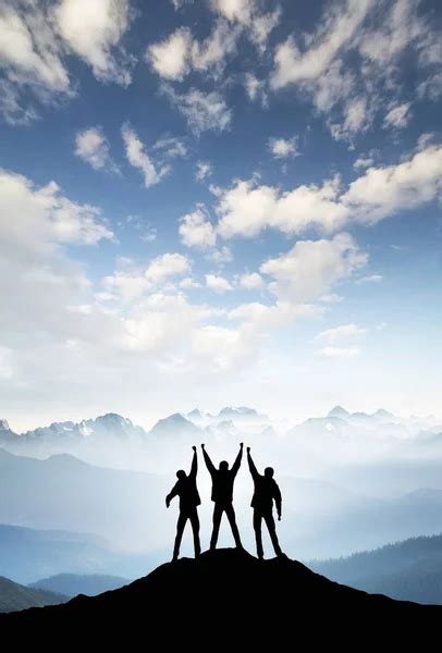 Team Silhouettes On Mountain Top ⬇ Stock Photo Image By © Biletskiye