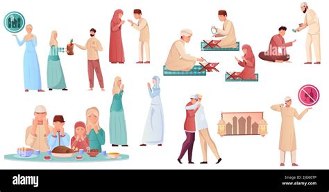 Muslim People In Different Situations During Ramadan Flat Icons Set