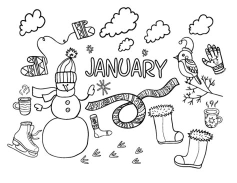 The calendar page for january show a girl dressed to play in the snow alongside the following words Printable January coloring page. Free PDF download at http ...