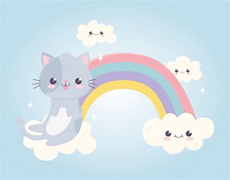 Premium Vector Kawaii Cartoon Cute Cat With Tongue Out In Rainbow Clouds