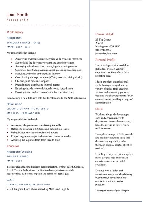 How to write a receptionist cv this guide explains how to write a cv for a receptionist role. Receptionist CV example - CV Template Master