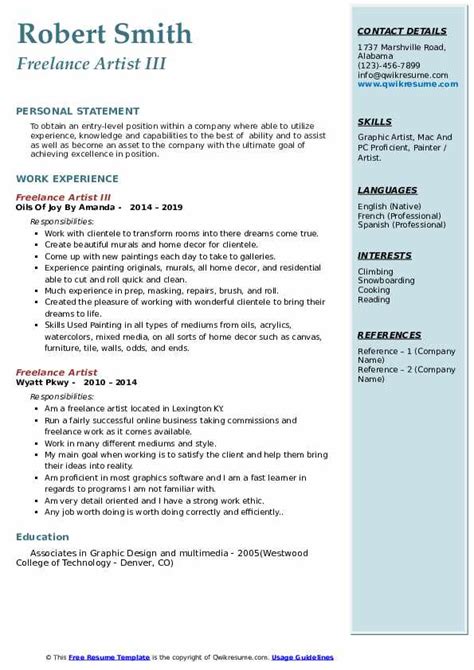 Freelance Artist Resume Samples Qwikresume