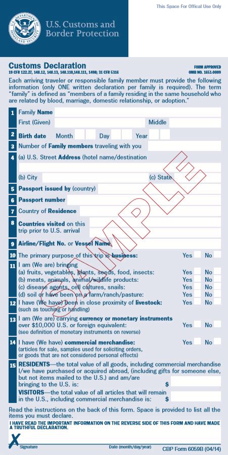 Sample Us Customs Form Form 6059b