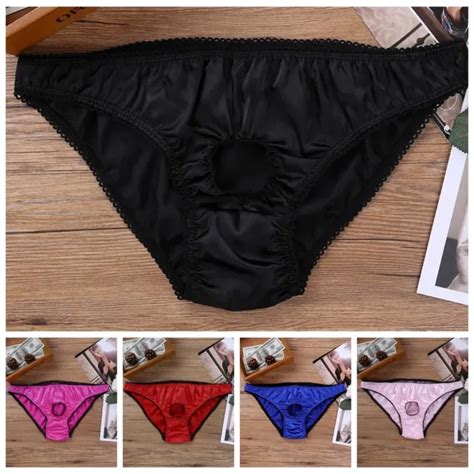 Sissy Sexy Mens Satin Open Penis Hole Bikini Briefs Underwear Thongs