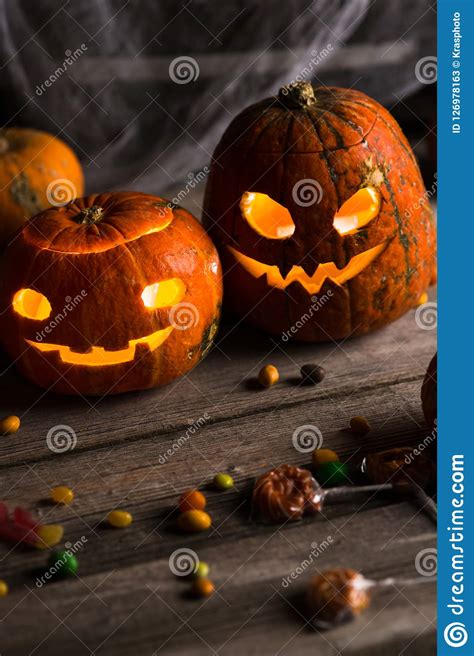 Halloween Pumpkins With Glowing Eyes Spiders Horror