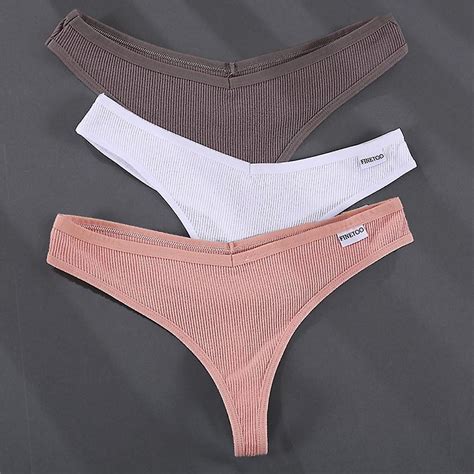 Finetoo 3pcsset Womens Underwear Thong Cotton Panty Sexy Panties Female Underpants Solid Color