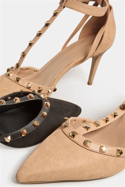 Lts Nude Studded T Bar Court Heel Shoes In Standard Fit Long Tall Sally