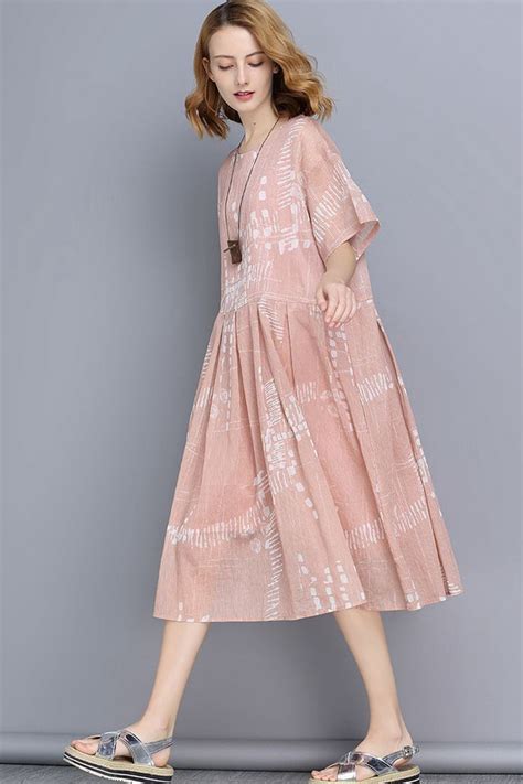 Fantasylinen Pink Big Size Casual Loose Summer Dresses V9180 Fantasylinen