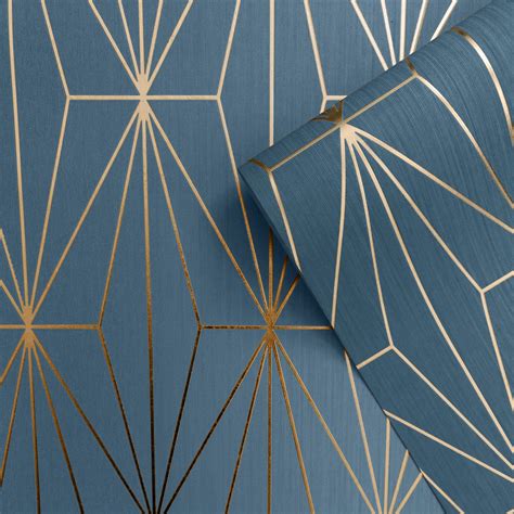 Midnight Blue Navy Wallpaper Geometric Metallic Tropical