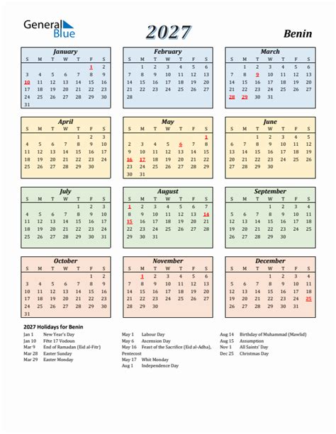 2027 Benin Calendar With Holidays