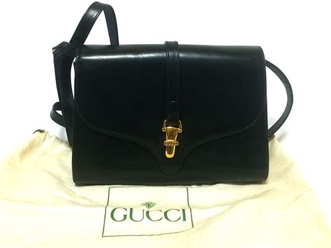 80s Vintage Gucci Black Leather Clutch Shoulder Bag With Logo Motif C