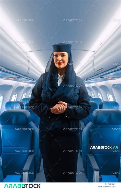 مضيفة طيران عربية سعودية خليجية مبتسمة ترتدي زي مضيفات الطيران تنظر الى الكاميرا بتعابير البشاشة