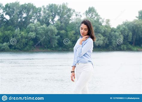 Beautiful Asian Brunette Woman Near The River In Nature Stock Image Image Of Exercise Fashion