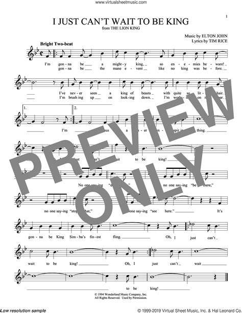 I Just Can T Wait To Be King From The Lion King Sheet Music For