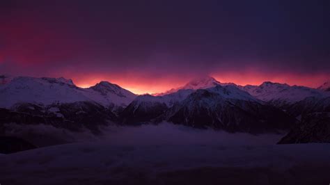 Download Wallpaper 2560x1440 Mountains Peaks Fog Sunset Sky Snow
