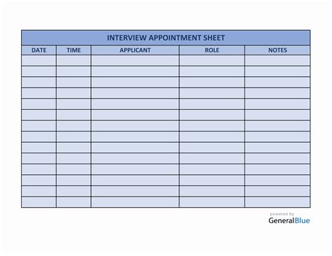 Interview Appointment Sheet Template In Excel Colorful