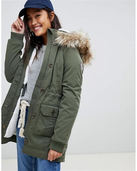 Hollister Teddy Lined Parka Jacket With Faux Fur Hood In Green Lyst