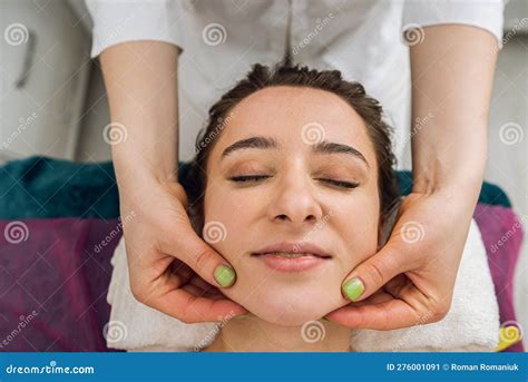 Happy Beautiful Woman With Close Eye Getting Relax Face Massage At Spa Salon Stock Image Image