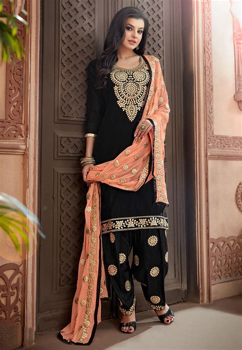 Buy Embroidered Chanderi Silk Punjabi Suit In Black Online Kch1059