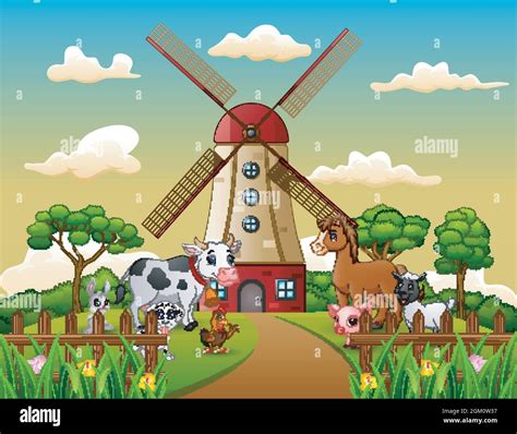 Happy Animal With Windmill Building Background Stock Vector Image And Art