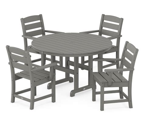 Polywood Lakeside 5 Piece Round Arm Chair Dining Set In Slate Grey