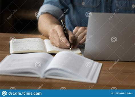 Close Up Of Man Make Notes Work Online On Computer Stock Image Image