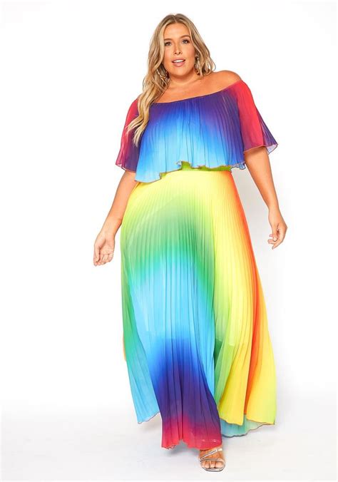 Asoph Plus Size Rainbow Pleated Maxi Dress Light Up
