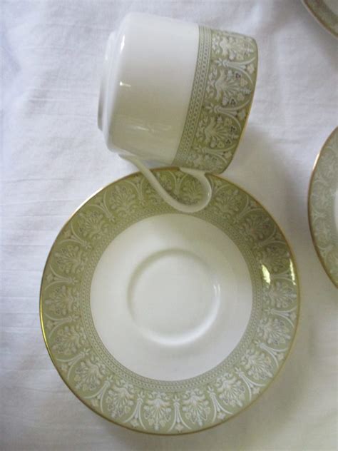 Vintage Set Of Royal Daulton Tea Cups And Saucers Green Yellow And Gold England Sonnet Pattern
