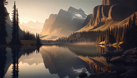 A Serene Mountain Lake Tranquil Peaceful Serene Clear Sunrise
