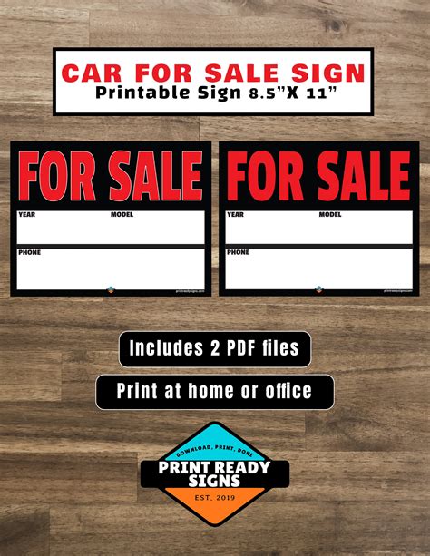 Car For Sale Sign Digital Download 85x11 Inches Pdf Format Etsy