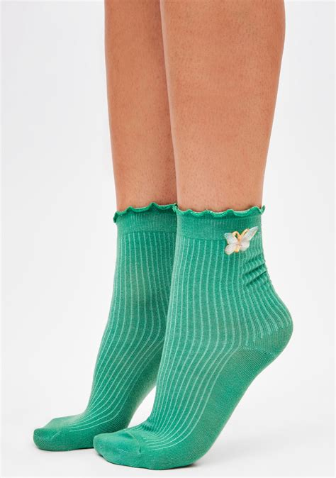 Ribbed Lettuce Edge Crew Socks With Butterfly Green Dolls Kill