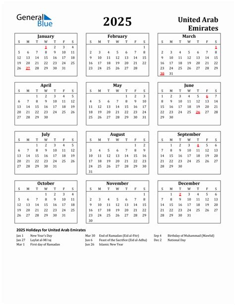 Free Printable 2025 United Arab Emirates Holiday Calendar