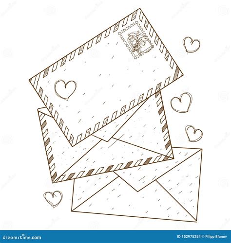 Envelopes And Letters Outline Drawing For Coloring Vintage Style Stock