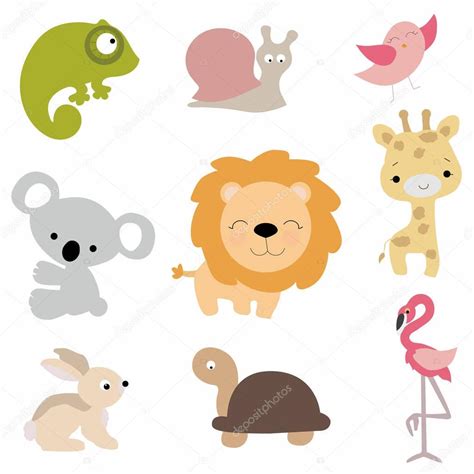 Set Of Cute Baby Animals In Cartoon Style On White