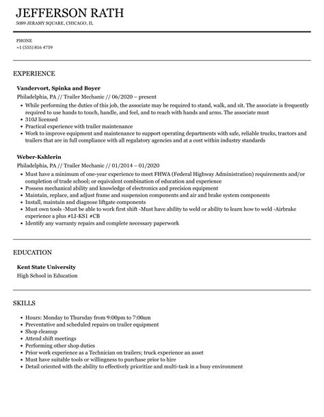 Trailer Mechanic Resume Samples Velvet Jobs