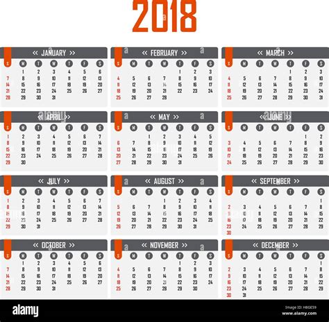 Calendar For 2018 Week Starts On Sunday Stock Vector
