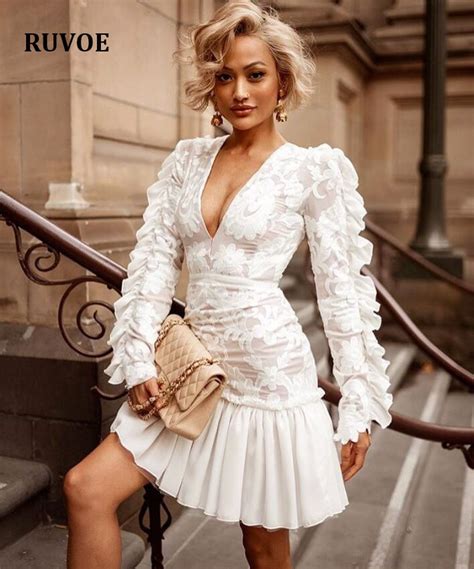 High Quality Women New Fashion Sexy White Dress Long Sleeve V Neck Mini Dress Ruffled Style