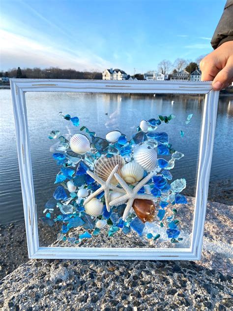 Free Shipping 12x12 Beach Glass And Shells In A Frame Etsy Sea Glass Crafts Beach Glass Art
