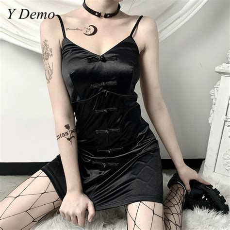 Gótico oscuro sin mangas negro vestido de las mujeres Sexy cuello en V