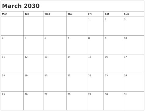 March 2030 Month Calendar
