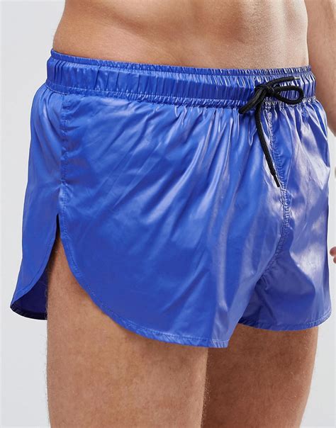 Asos Synthetic Super Short Length Swim Shorts In Wet Look With Side Split In Blue For Men Lyst