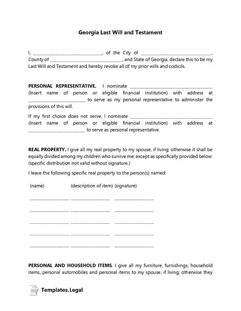 Georgia Last Will And Testament Templates Free Word Pdf Odt