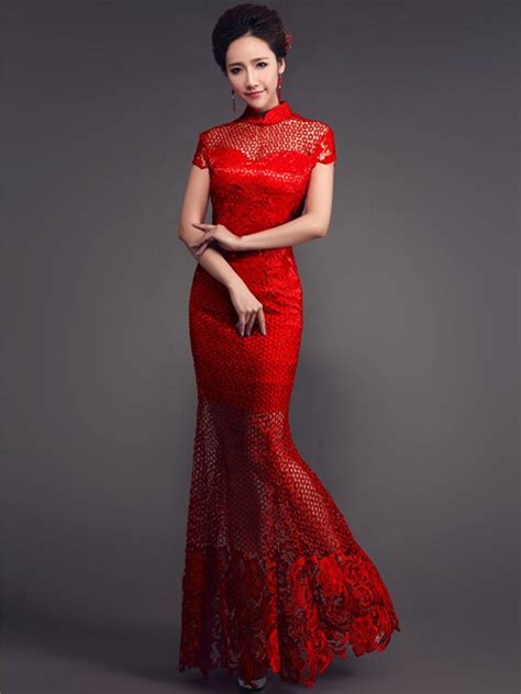 Red Fishtail Cheongsam Qipao Wedding Dress With Sheer Lace Panels Cozyladywear
