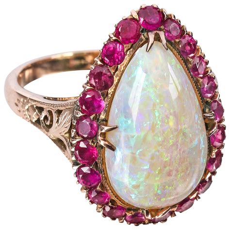C1930s Large Teardrop Opal Ruby Rose Gold 14 Kt Ring Size 675 7