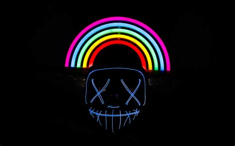 Download Wallpaper 3840x2400 Mask Rainbow Neon Dark 4k