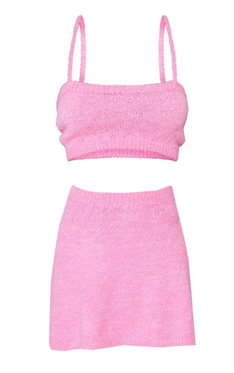 Pink Skater Skirt And Bralette Knit Set Prettylittlething Aus