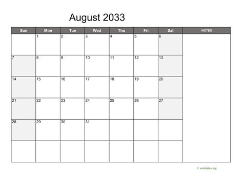 August 2033 Calendar With Notes